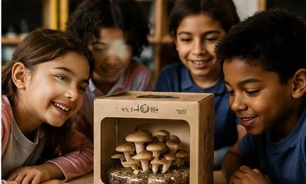 School children exploring a TerraCaffe mushroom growing kit
