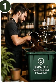 Barista emptying spent coffee grounds into a TerraCaffe collection bin